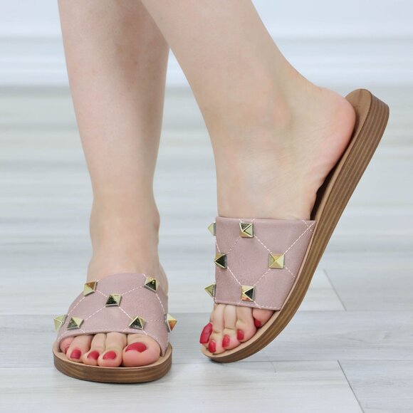 Blush Flat Comfort Flexible Sandal Slip On Sliders Trendy Gold Studs Glittery To - Picture 4 of 15